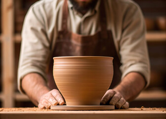 Potter holding handmade clay bowl on wheel, artisan pottery craft close-up
