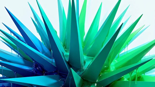 Blue green sharp abstract 3D shapes with liquid drops
