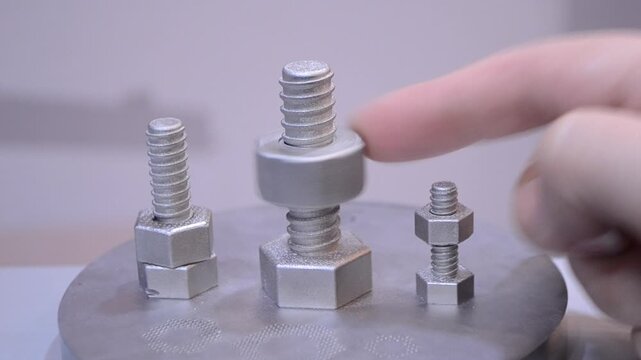Object printed on 3D printer from metal powder by laser sintering closeup. Selective laser melting technology. Woman finger twisting metal detail on thread created. New modern 3D printing technologies