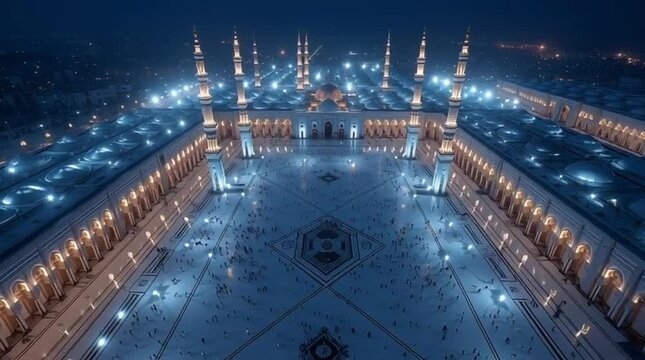 Ariel view of Al-Masjid an-Nabawi at night illuminated