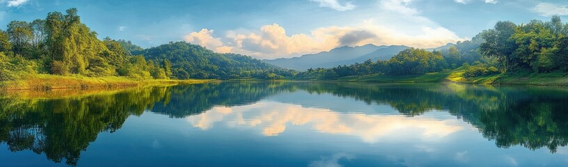 Obraz premium serene panoramic lake with glassy water reflecting trees, rolling green hills, distant mountains and fluffy clouds under a clear blue sky