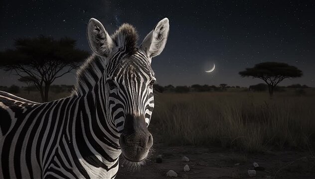 Plains Zebra Close Up on night scene in the middle of African savanna, Tanzania.
