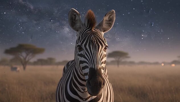 Plains Zebra Close Up on night scene in the middle of African savanna, Tanzania.
