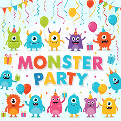 Colorful monster birthday party scene with smiling characters and festive decorations © Cartoon