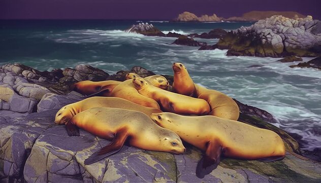 Sea lions Closeup Resting on Rocks at night scene in Ballestas Islands, Paracas National Reserve, Peru. Heat-detecting thermal camera.

