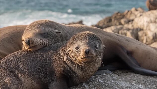 Closeup of Seals and pup Resting on Rocks in Ballestas Islands, Paracas National Reserve, Peru.
