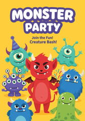 Funny Monster Party Vector Set With Balloons and Confetti