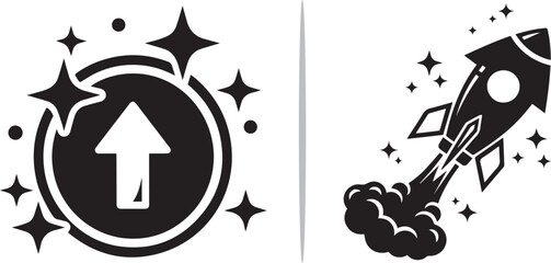 A black and white vector set featuring a glowing level-up icon with an upward arrow and a sleek rocket ship launching amidst sparkling stars, symbolizing growth, speed, and success. © reza