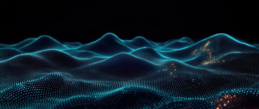 glowing teal dotted digital wave landscape with orange light clusters conveying a serene futuristic flow of data