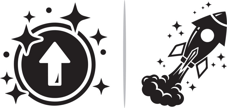 A black and white vector set featuring a glowing level-up icon with an upward arrow and a sleek rocket ship launching amidst sparkling stars, symbolizing growth, speed, and success.