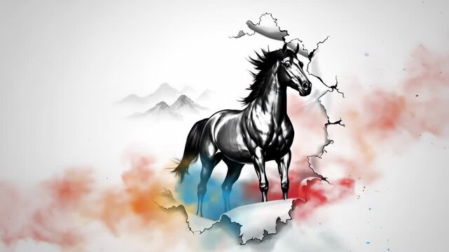 Black stylized horse emerging from colorful paint splashes and torn paper with a mountain background dynamic art