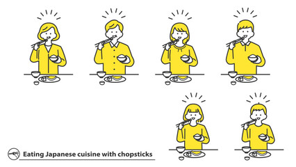 箸で和食を食べる人物　セット　2色