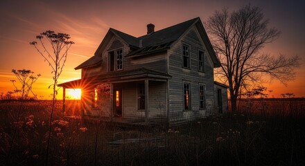 Weathered, abandoned house bathed in a sunset's fiery glow
