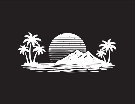 Tropical landscape with palm trees and mountains with retro sun vector on black background white silhouette in chalk and pink sunset vector silhouette