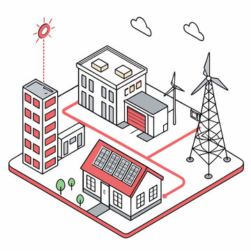 Smart microgrid energy sharing system in a futuristic city, conceptual vector illustration for clean power solutions.