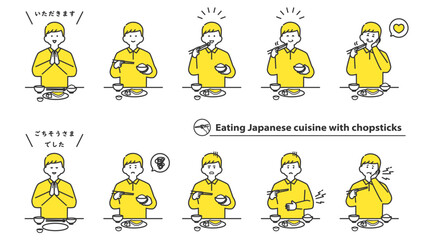 箸で和食を食べる男性　表情バリエーション　セット　2色