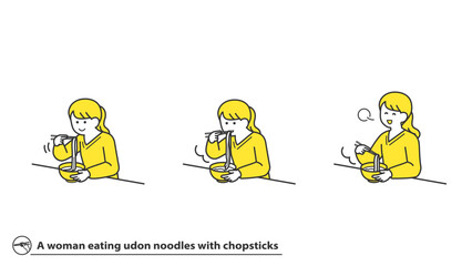 箸でかけうどんを食べる女性　表情バリエーション　セット　2色