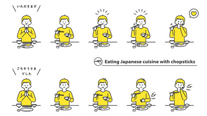 箸で和食を食べる男の子　表情バリエーション　セット　2色