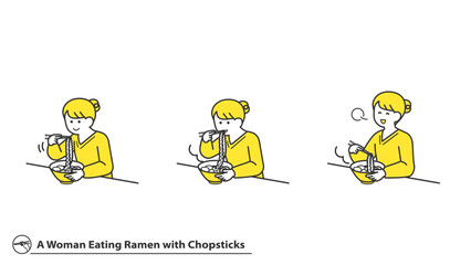 箸でラーメンを食べる女性　表情バリエーション　セット　2色