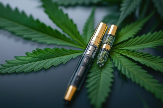 sleek gold-accented vape pen and glass cartridge with cannabis bud resting on a large fresh cannabis leaf evoking calm modern relaxation