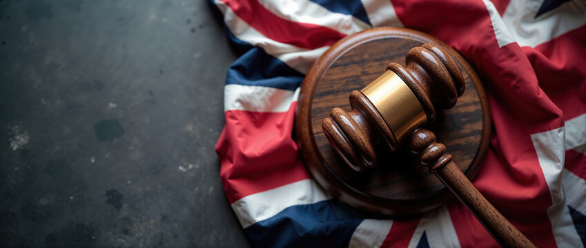 British law concept with judge gavel and flag court