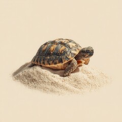 Obraz premium A turtle is seen resting on a small pile of sand under natural light in the daytime