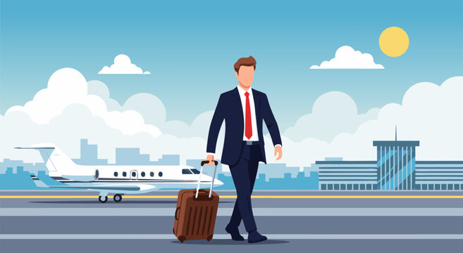 Business man walking with suitcase at airport, vector illustration, jet plane and building
