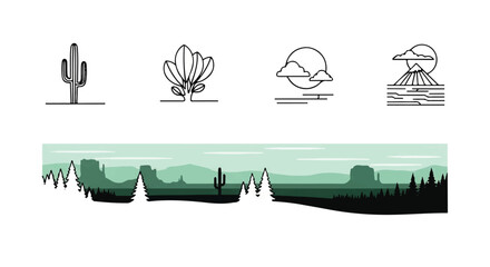 Illustrating Desert Landscape with Cactus, Flower, Leaf, Bird Icons Above Mountain Silhouettes