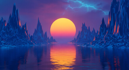 Sunset Over Jagged Mountain Lake