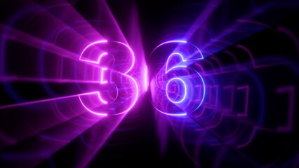 Fototapeta premium Neon Number 36 with Glowing Purple and Blue Light Trails in Abstract Tunnel Background