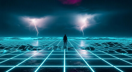 Human Figure on Glowing Grid Field Under Stormy Sky