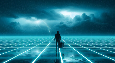 Person in Neon Grid Field
