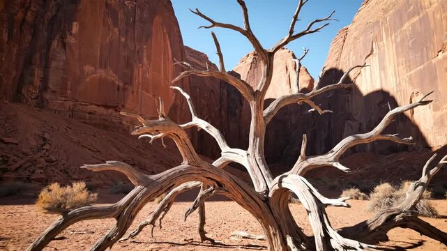 Desert landscape with a weathered, intertwined tree in the foreground and red rock formations