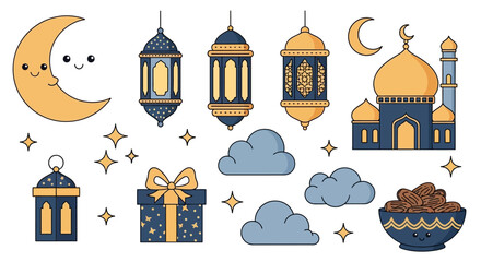 Fototapeta premium Islamic holiday illustrations moon lanterns mosque clouds gift box