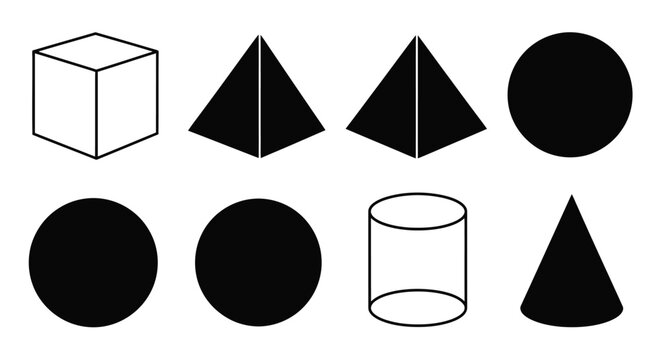 Basic geometric shapes in black and white cube sphere cone and cylinder