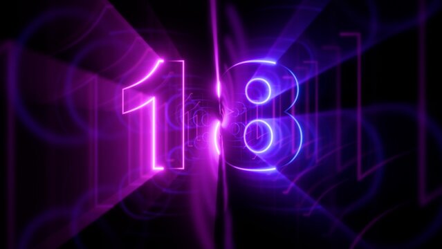 Neon number 18 against a futuristic purple background, 3d rendering for birthday or anniversary celebration