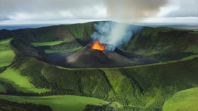 Volcano erupting with lava and smoke in a green mountainous landscape under a cloudy sky