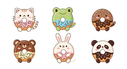 Fototapeta premium Cartoon donuts featuring animals cat frog bear rabbit panda for fun design