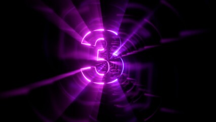 Futuristic neon glowing number three symbol in purple digital tunnel 3d illustration representing countdown and gaming level