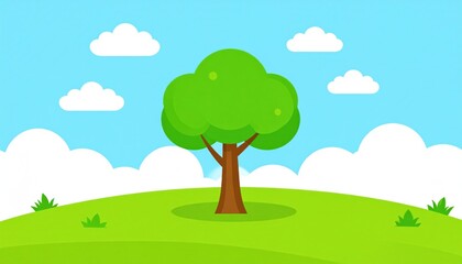 Cartoon illustration of a sunny landscape, with tree on a grassy hill, fluffy clouds