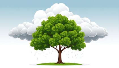 A vibrant, green tree stands, with rain falling from a stormy cloud backdrop