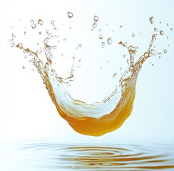 golden liquid splash and droplets forming a curved u-shape above calm rippling water, dynamic and refreshing
