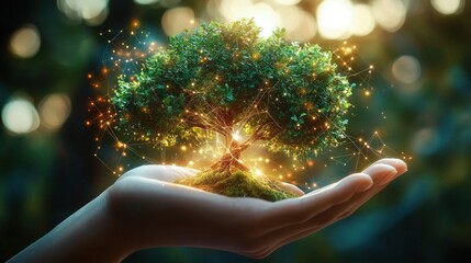 Gentle hand holding a small glowing tree with moss and illuminated network nodes, warm sunlight and a sense of wonder and nurturing care