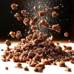 Dynamic close-up of seasoned browned crumbled meat pieces tumbling and dusting in midair over a pile with dramatic warm lighting, energetic and appetizing motion
