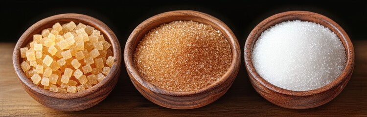 Three wooden bowls containing pale golden sugar cubes, light brown raw sugar, and fine white granulated sugar on a warm wooden surface, evoking a cozy rustic feel