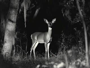 Alert deer illuminated in a dark forest clearing with hanging moss and a tree trunk, standing amid tall grass, watchful and quiet with dramatic contrast