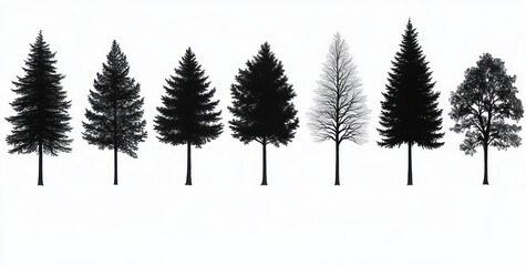 Seven black tree silhouettes in a row: varied evergreen pines, a bare winter tree and a leafy deciduous tree on a minimalist white background, evoking calm and stark serenity