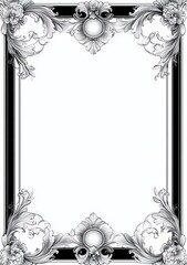 ornate black and white floral ornamental frame with intricate scrollwork, top and bottom medallion accents, symmetrical corner flourishes and a blank center conveying an elegant formal mood