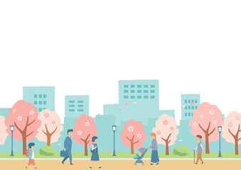 桜並木を歩く人々のイラスト