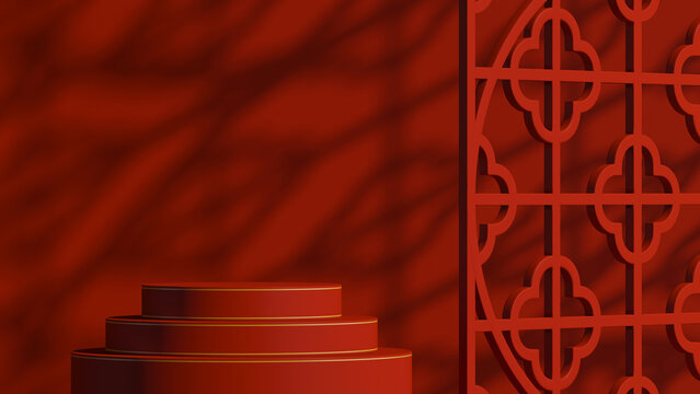 3d product background. Red chinese style podium for food, cosmetic, gift, branding presentation. 3d rendering illustration.